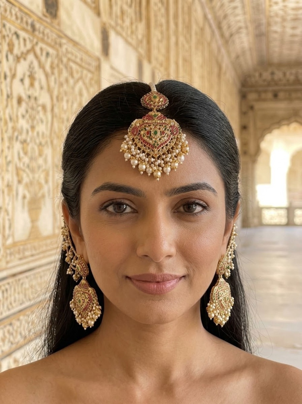 Pakistani Jewlery Gold and Green Traditional Jadau Bridal Earrings and Tikka Set - Picture 2 of 2